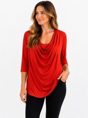 Violet Ruby Draped Top | Burnt Orange | Size Large | 3/4 Sleeve Flowy Blouse